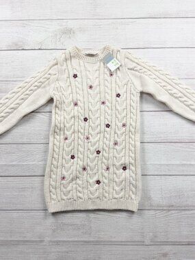 Primark Girls Cream Cable Knit Sweater Dress Floral Embroidered NWT 4-5